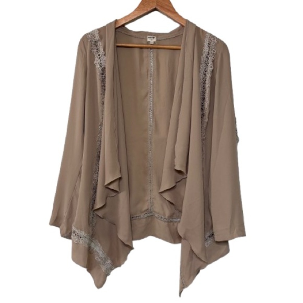 UNIQ Taupe Boho Dressy Sheer Open Front Cardigan W/ Crochet Trim Size S